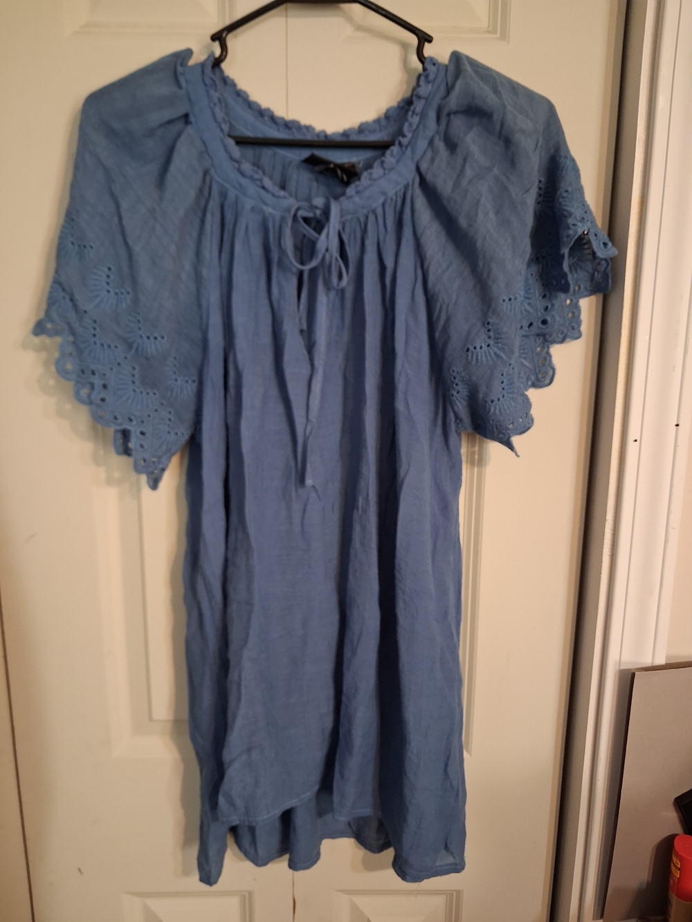 Women’s Light Blue Eyelet Sleeve Tunic - Tie Neck Peasant Top